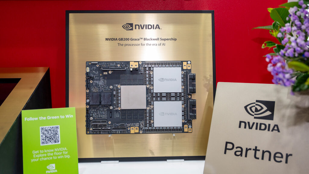 SK hynix’s 36 GB 12-layer HBM3E, shown with NVIDIA’s GB200 GPU module for AI servers