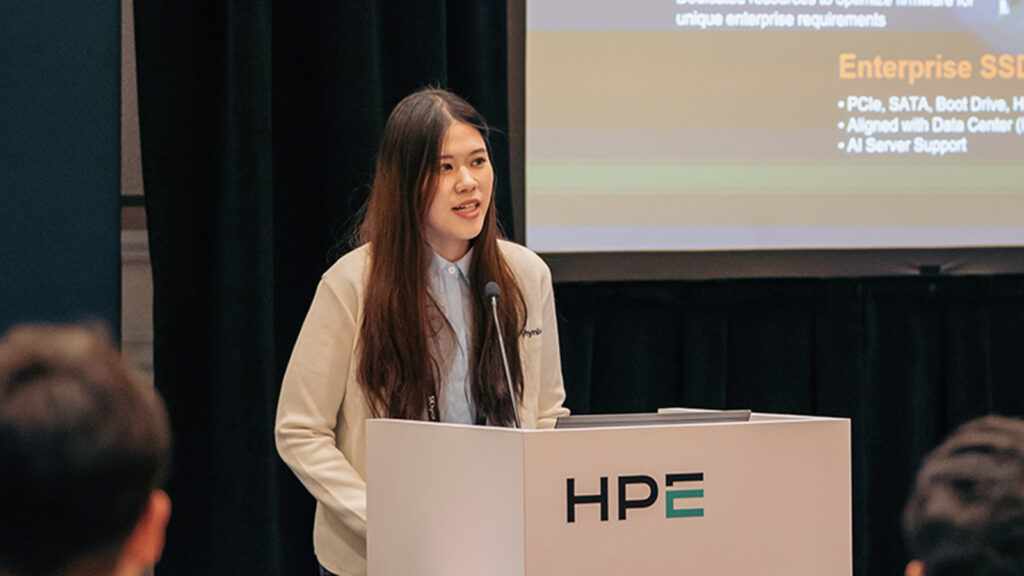 SK hynix’s Alex Kim (first photo), SK hynix America’s Annie Yuan (second photo), and HPE’s Erik Grigson (third photo), delivering a breakout session on handling AI workloads