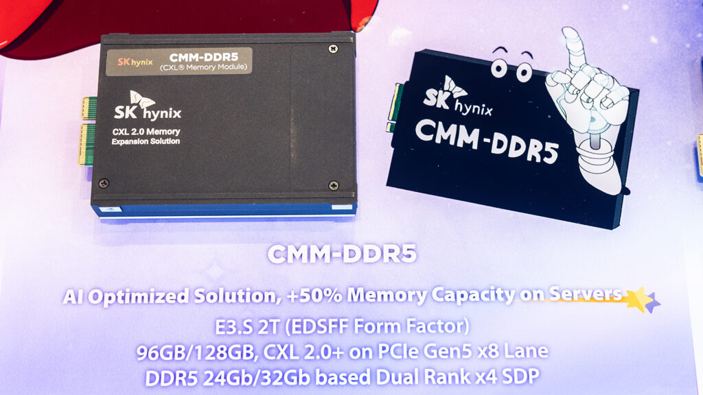 (From first image) RDIMM, 3DS RDIMM, Tall MRDIMM, SOCAMM, LPCAMM2, and CMM-DDR5 on display