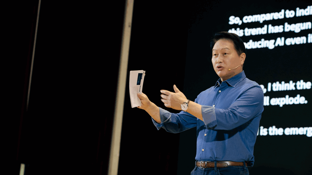 SK Group Chairman Chey Tae-won presents the opening keynote at the SK AI Summit 2025