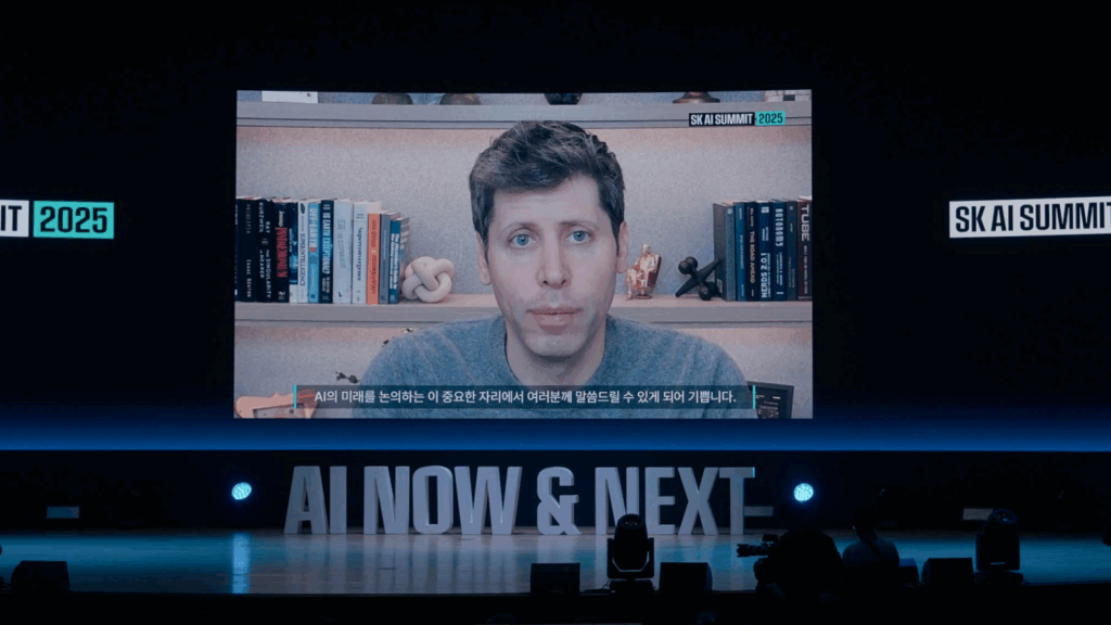 (From first image) OpenAI CEO Sam Altman and Amazon CEO Andy Jassy delivering keynote addresses via video