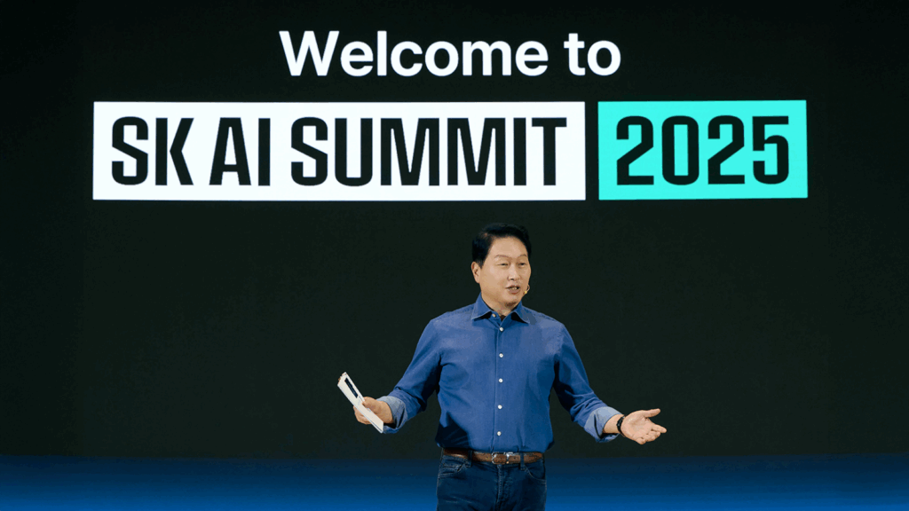 SK Group Chairman Chey Tae-won presents the opening keynote at the SK AI Summit 2025