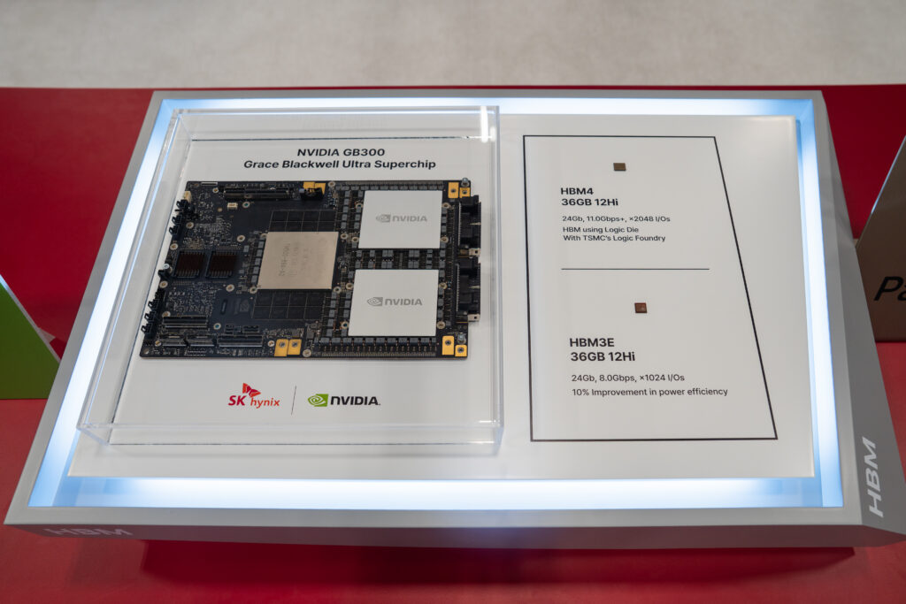 The 12-layer HBM4 (top right) and 12-layer HBM3E (bottom right) and NVIDIA’s next-generation GB300 Grace™ Blackwell GPU equipped with SK hynix’s HBM3E (left)